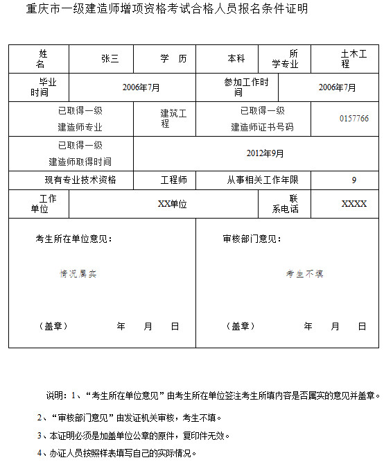 重慶市一級(jí)建造師增項(xiàng)資格考試合格人員報(bào)名條件證明