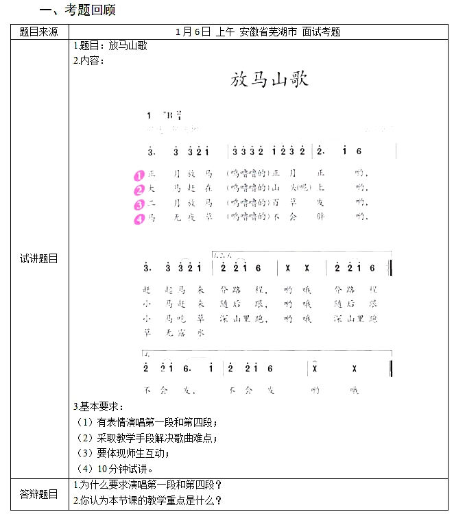 2017下半年教師資格證面試真題及答案：小學(xué)音樂(lè)《放馬山歌》