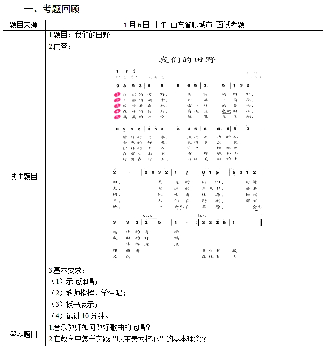 2017下半年教師資格證面試真題及答案：小學(xué)音樂(lè)《我們的田野》