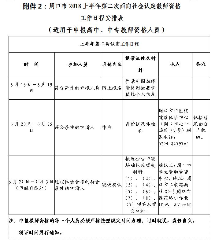 周口市2018上半年第二次教師資格認定工作日程表