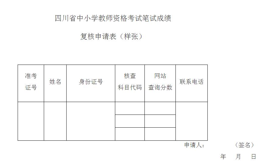 四川省中小學(xué)教師資格考試筆試成績復(fù)核申請表(樣張)